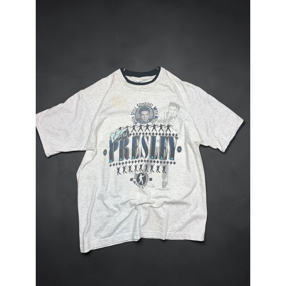 Vintage 1991 Elvis Presley Shirt Fruit of the Loom Gray Ringer T-Shirt Large USA